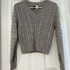 H&M Light Gray V-Neck Cable Sweater
